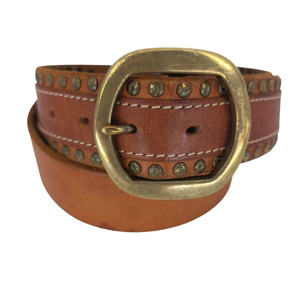 Lucky Brand Studded Leather Belt Womens 32 Brown Western Brass Buckle Boho Indie
